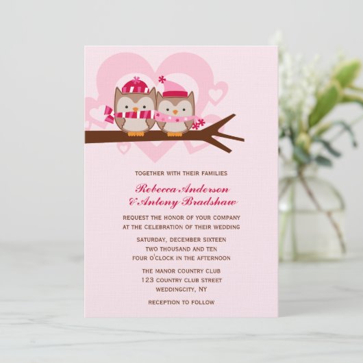 Wedding Winter-Eulen Einladung (Stehend Vorderseite)