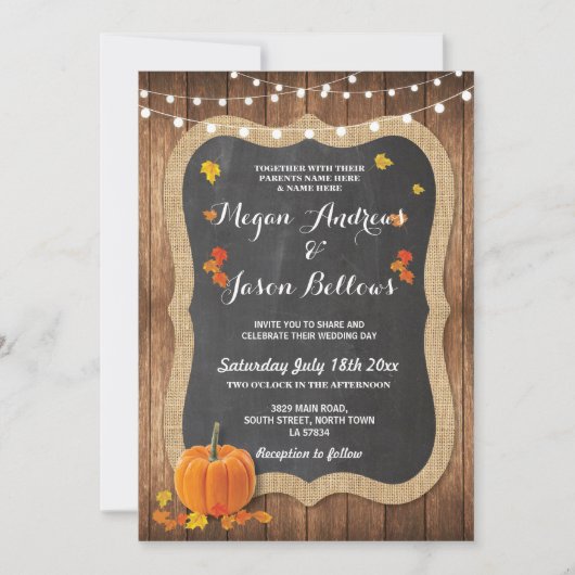 Wedding Wood Rustic Pumpkin Fall Chalk Einladung (Vorderseite)