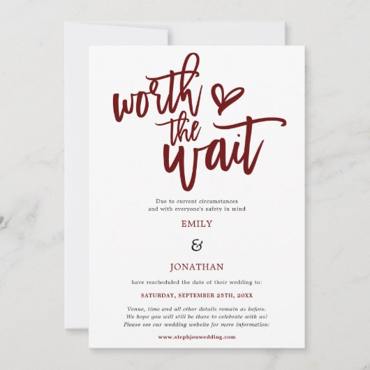 Wedding Worth the Wait Script Burgundy Save The Date (Vorderseite)