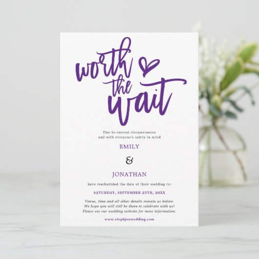 Wedding Worth the Wait Script Lila Save The Date (Stehend Vorderseite)