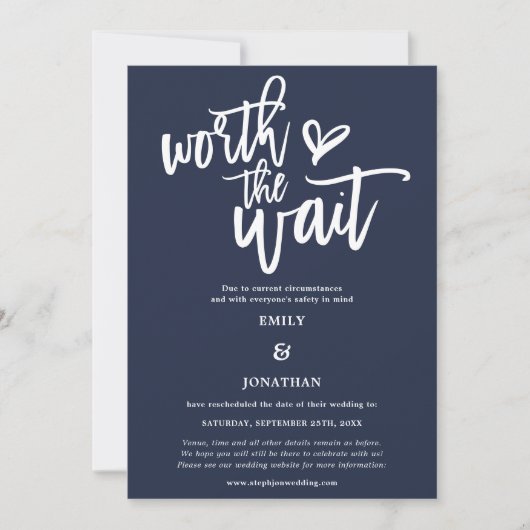 Wedding Worth the Wait Script Navy White Save The Date (Vorderseite)