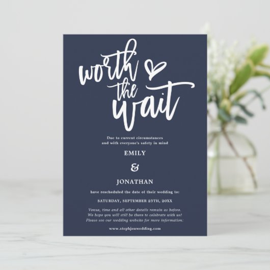 Wedding Worth the Wait Script Navy White Save The Date (Stehend Vorderseite)