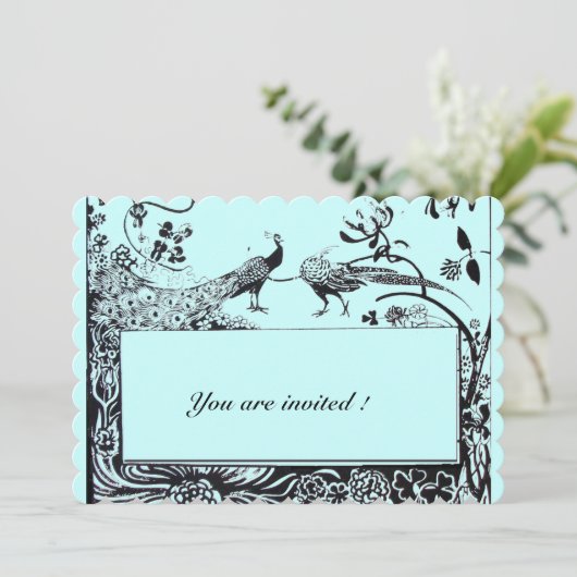 WEDDONG LIEBE PEACOCKS Black Aquamarin Blue Einlad Einladung (Stehend Vorderseite)