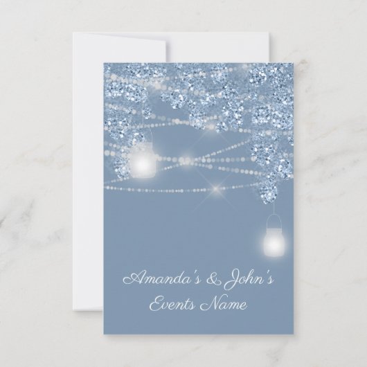 Wedellicht Jars Rustikaler Glitzer Dusty Blue Einladung (Rückseite)