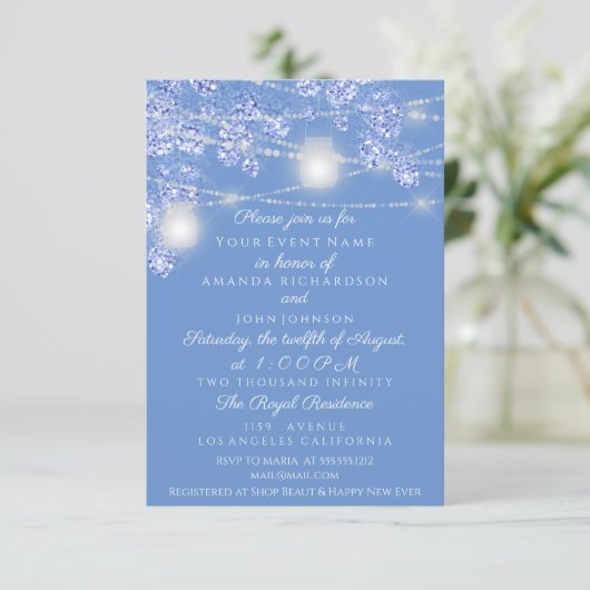 Wedellichter Jars Rustikaler Glitzer Blauer Park Einladung (Stehend Vorderseite)