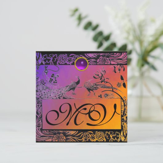 WEDEND LIEBE VÖGEL MONOGRAM schwarz gelb lila Ankündigung (Stehend Vorderseite)