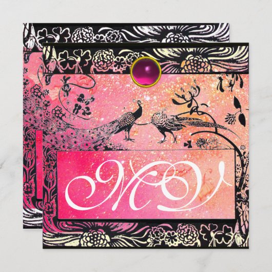 WEDEND LIEBE VÖGEL MONOGRAM schwarz-gelb-rosa Ruby Ankündigung (Vorne/Hinten)