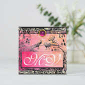 WEDEND LIEBE VÖGEL MONOGRAM schwarz-gelb-rosa Ruby Ankündigung (Stehend Vorderseite)