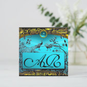 WEDEND LIEBE VÖGEL MONOGRAM schwarz gelb türkis Ankündigung (Stehend Vorderseite)