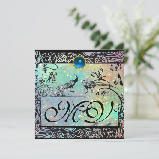 WEDEND LOVE VÖGEL MONOGRAM schwarz-grüner Champagn Ankündigung (Stehend Vorderseite)