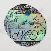 WEDEND LOVE VÖGEL MONOGRAM schwarz-grüner Champagn Einladung (Vorne/Hinten)