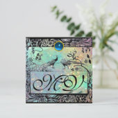 WEDING LOVE BIRDS MONOGRAM schwarz-grün blaues Gol Ankündigung (Stehend Vorderseite)