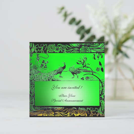 WEDING LOVE VÖGEL, schwarz-gelb-grün Smaragd Einladung (Stehend Vorderseite)