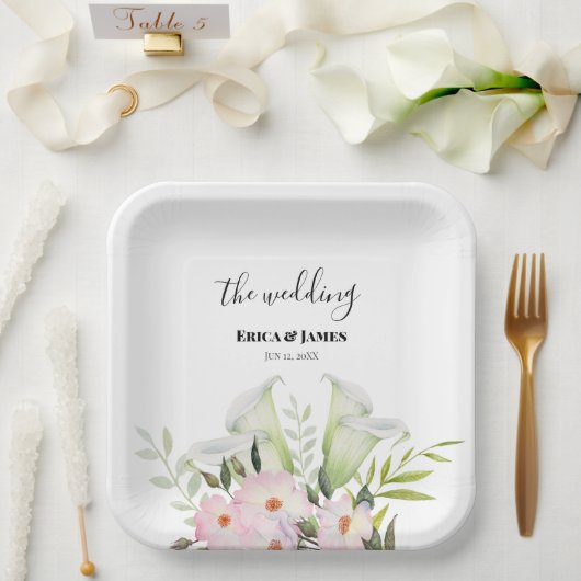 Wedle Gentle White Calla Lily Rose Danke Sq Pappteller (Hochzeit)