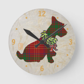 Wee Scottie Dog Merry Ruff! Ruff!w/#&dots Runde Wanduhr