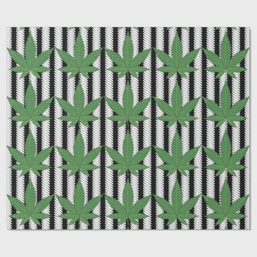 Weed Leaf Green auf Schwarz-weißem Streifen Geschenkpapier (Flach)