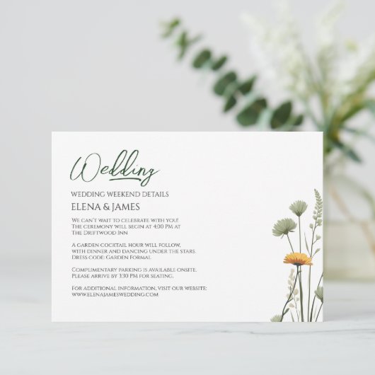 Weekend Details Wildblume Budget Micro Wedding Begleitkarte (Stehend Vorderseite)