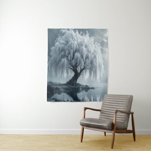 Weeping willow by a pond, black and white wandteppich (Beispiel)