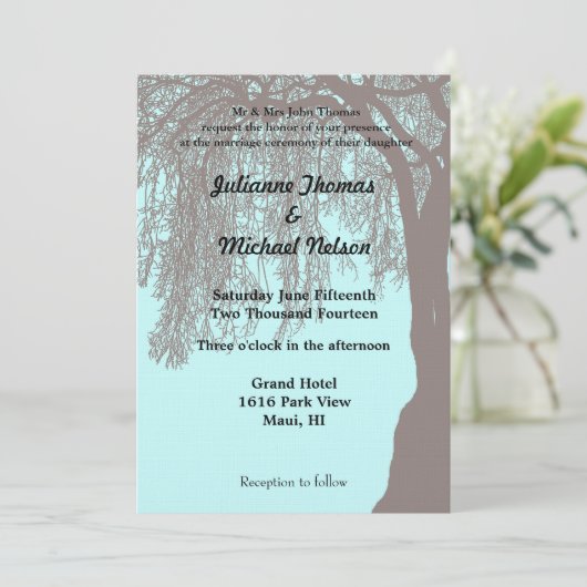 Weeping Willow Tree Blue Brown Wedding Einladung (Stehend Vorderseite)
