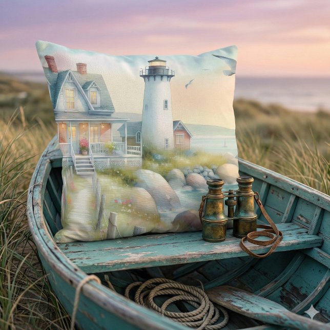 Weg zur Hütte Lighthouse Coastal Kissen (Pathway to the Lighthouse Coastal Cottage Throw Pillow Mockup A)