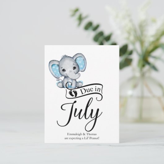 Wegen Juli Little Peanut Baby Boy Elephant Postkarte (Stehend Vorderseite)