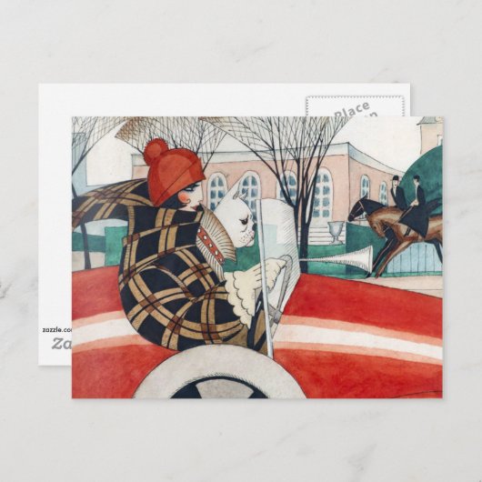 Wegener - Mädchen und Mops im Automobil Postkarte (Vorne/Hinten)