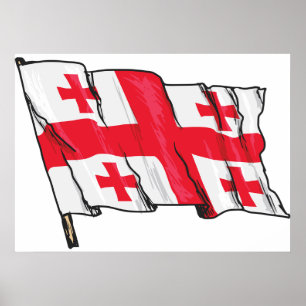 Wehende georgische Flagge Rot und Weiß Fünf Kreuze Poster