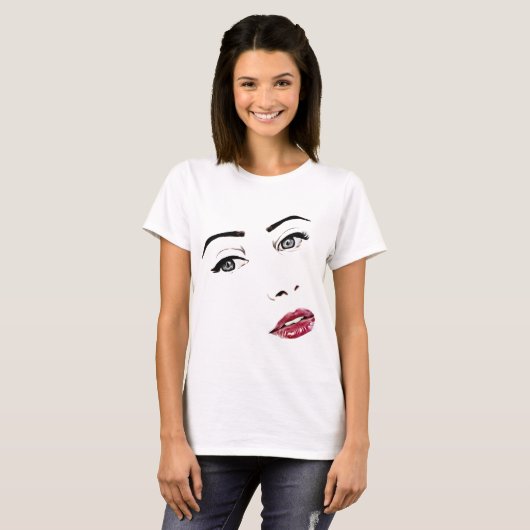 Weibchen Gesicht grauen Augen rote Lippen Make-up  T-Shirt (Vorne ganz)