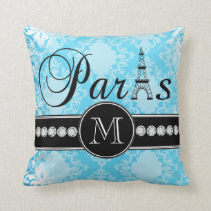 Weiblich Blau Vintage Damast Schwarz Paris Monogra Kissen