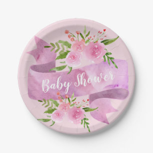 Weiblich, Hübsch, Chic, Florales Rosa Baby Shower Pappteller