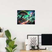 Weibliche Alien geht durch zwielichtigen Garten de Poster (Heimbüro)