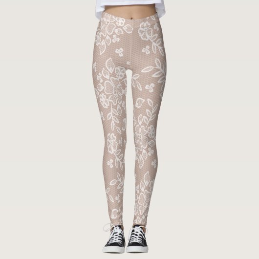 Weibliche Blush & White Trendy Lace Yoga Leggings (Vorderseite)