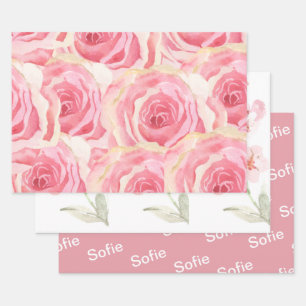 Weibliche Blüten Rosa und Weiße Wasserfarbe Blumen Geschenkpapier Set