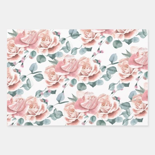 Weibliche Blüten Rosa und Weiße Wasserfarbe Blüten Geschenkpapier Set (Vorderseite)