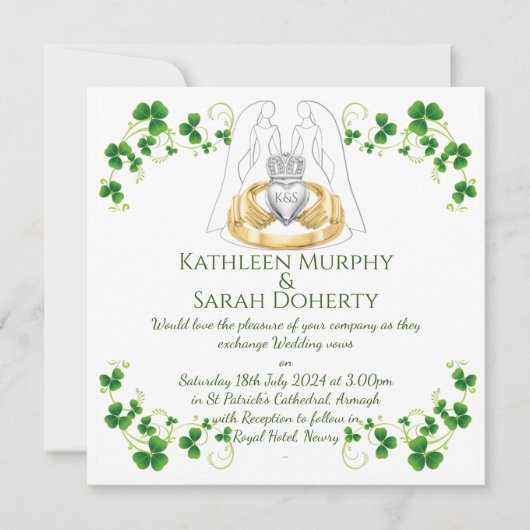 Weibliche Claddagh Ring & Kleeblätter Einladung (Vorderseite)