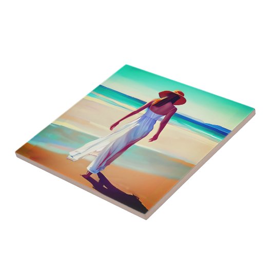 Weibliche Frau am Strand Fliese (Seite)