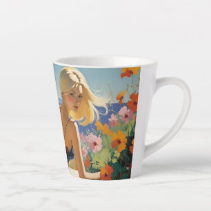 Weibliche Frau in einem Garten mit Meerblick Milchtasse