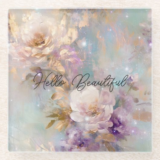 Weibliche goldene Lila weiße Blume Glasuntersetzer (Vorderseite)