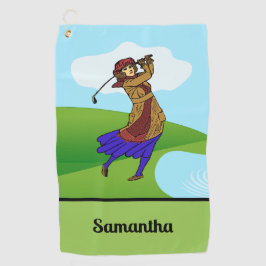 Weibliche Golfer, die über Wassergefahr fahren Golfhandtuch