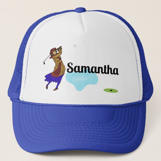 Weibliche Golfer, die über Wassergefahr fahren Truckerkappe (Vorderseite)