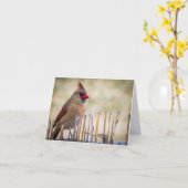 Weibliche Kardinal, die auf einer Zaunbeschreibung Karte (Gelbe Blume)