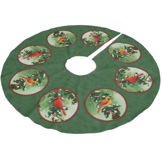 Weibliche Kardinäle grün Polyester Weihnachtsbaumdecke (Schrägansicht)