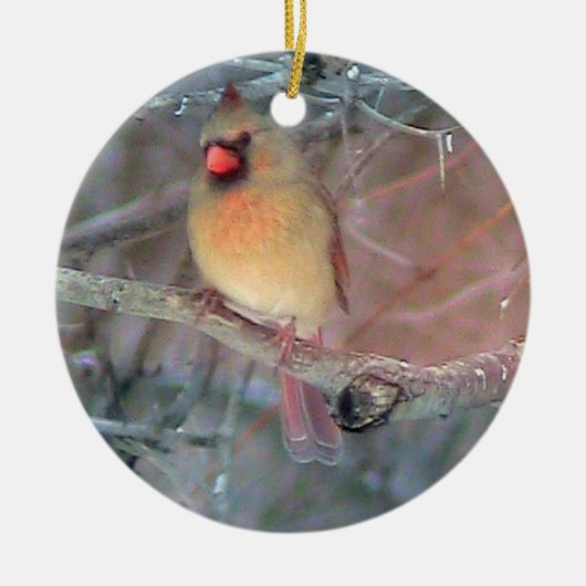 Weibliche Kardinals-Weihnachtsverzierung Keramikornament (Vorne)