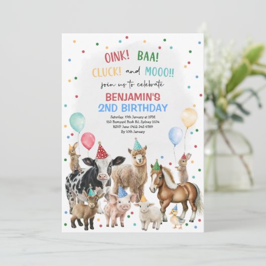 Weibliche Landtiere Barnyard Birthday Boy Party Einladung (Stehend Vorderseite)