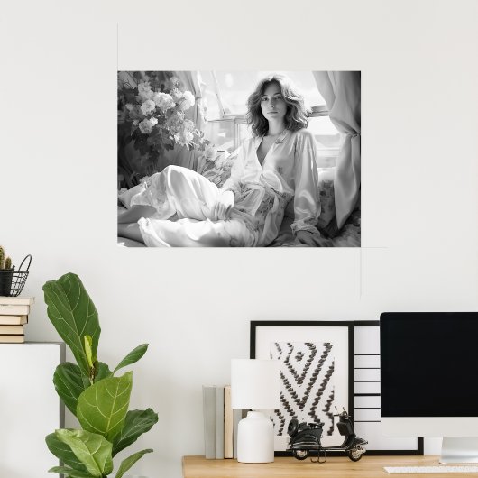 Weibliche liegen auf weißen Seidenblättern B&W-Fot Poster (Heimbüro)