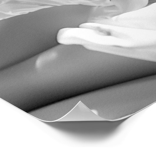 Weibliche liegen auf weißen Seidenblättern B&W-Fot Poster (Ecke)