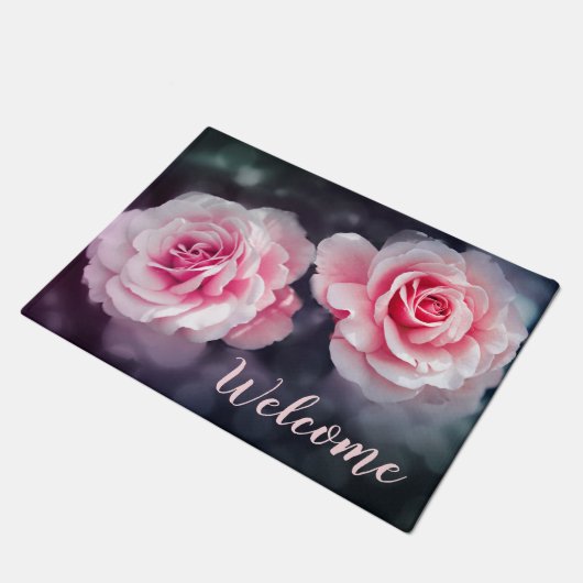 Weibliche rosa Rosen-BlumenFoto-Willkommen Fußmatte (Schrägansicht)