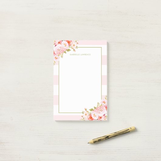 Weibliche rosa Streifen und Pfingstrosen Post-it Klebezettel (Auf Schreibtisch)