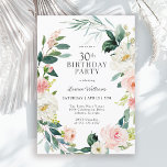 Weibliche Rose Blütenblüte 30. Geburtstag Party Einladung<br><div class="desc">Eine wunderschön feminine Party Einladung aus dem 30. Jahrhundert, gerahmt in einem Kranz mit Rose in Rosa und Weiß und dem hintersten Grün. Die Farbkombinationen sind feminin und fröhlich, um Ihre Gäste auf eine fröhliche Feier vorzubereiten. Personalisieren Sie Ihre Ereignisdetails, indem Sie den Beispieltext in der Entwurfsvorlage ersetzen. Sie können...</div>