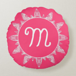 Weibliche Rose Pink White Sunray Monogram Rundes Kissen